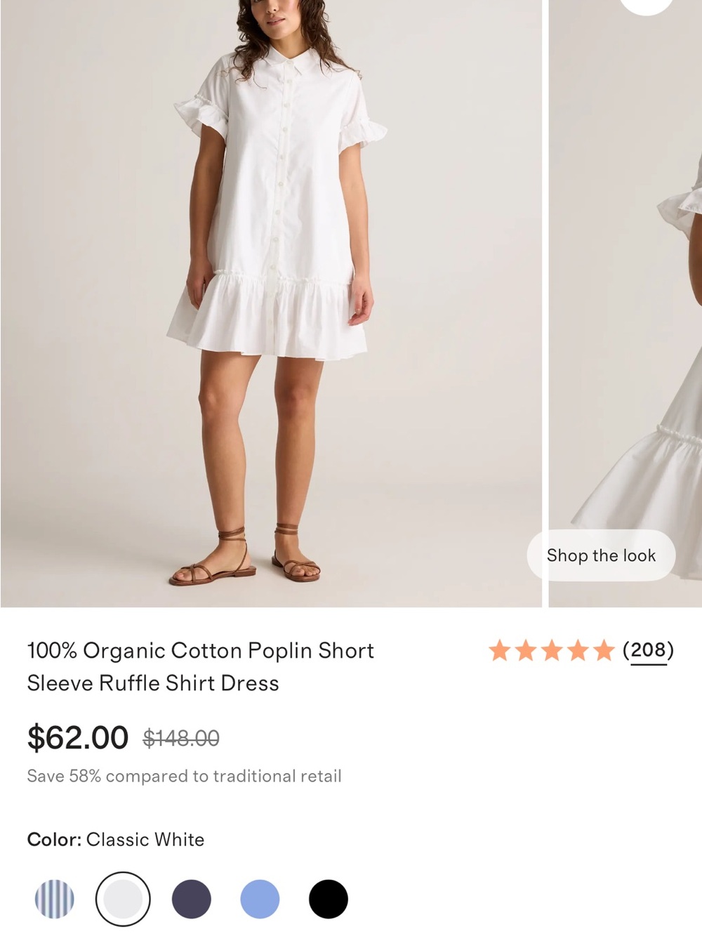 Quince White Womens' Short Sleeve Ruffle Shirt Dress